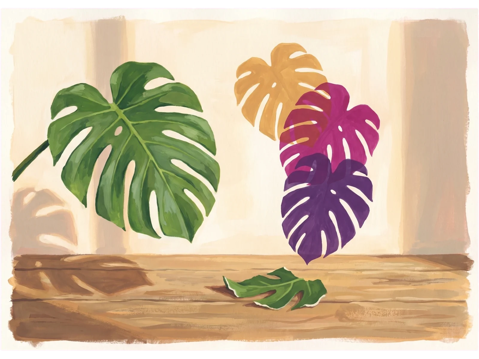 A gouache painting: a torn fragment of a monstera leaf on a table, and above it the whole leaf reconstructed as three offset outlines in amber, magenta and purple.