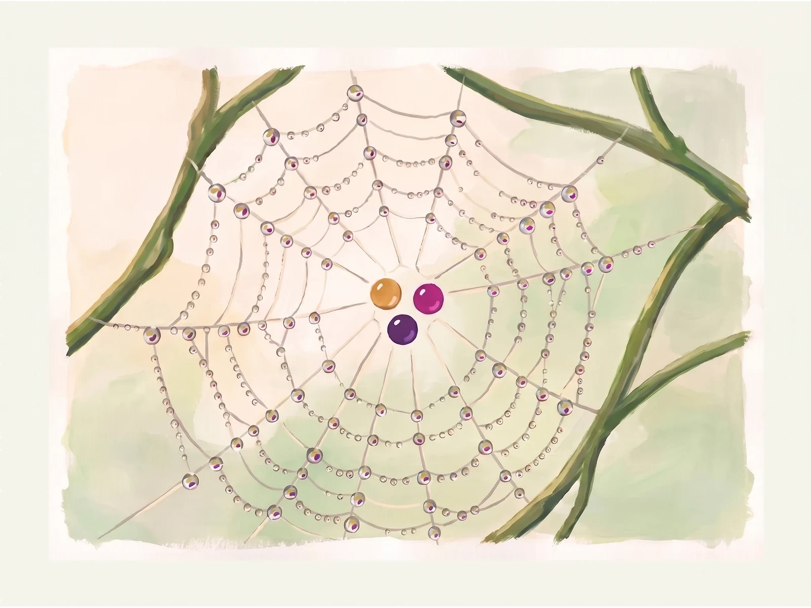 A gouache painting of a dew-covered spider's web between green branches, every drop reflecting the whole scene, with three jewels at the centre in amber, magenta and purple.