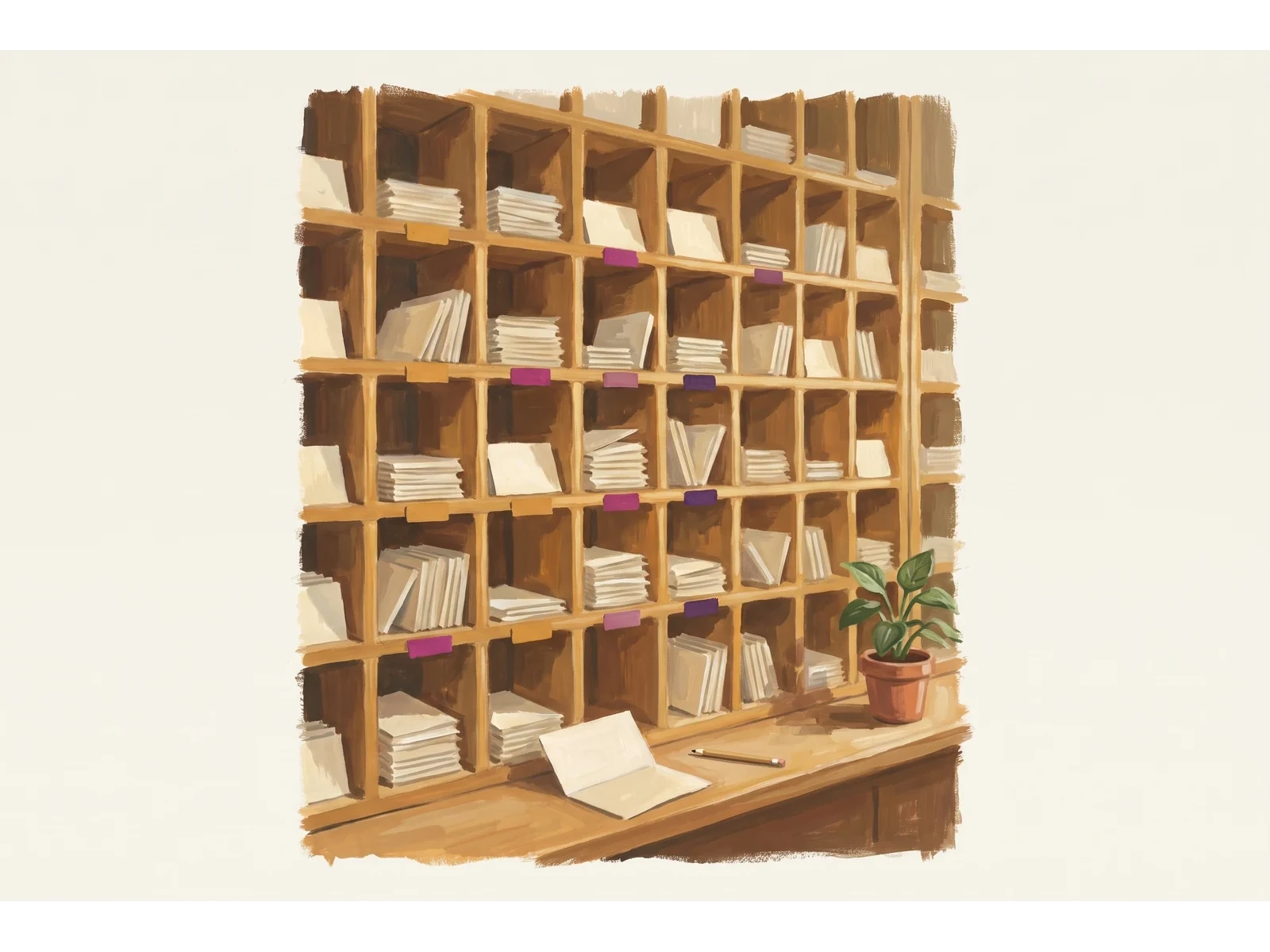 A gouache painting of a wall of wooden pigeonholes, each holding neatly stacked cream cards, a few with small amber, magenta and purple tabs, and an open card with a pencil on the ledge below.